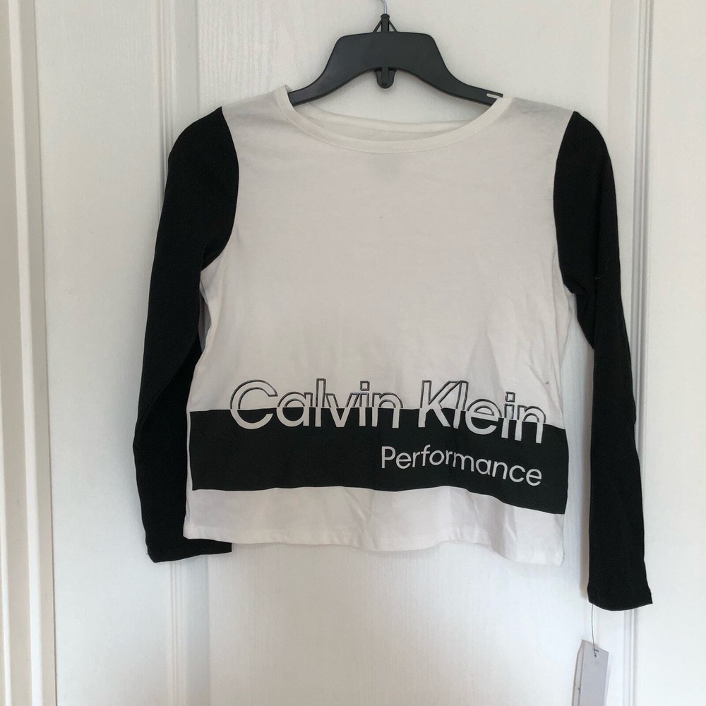 Calvin Klein Performance Girls Long Sleeve Logo Shirt White Black‎ Medium 8/10